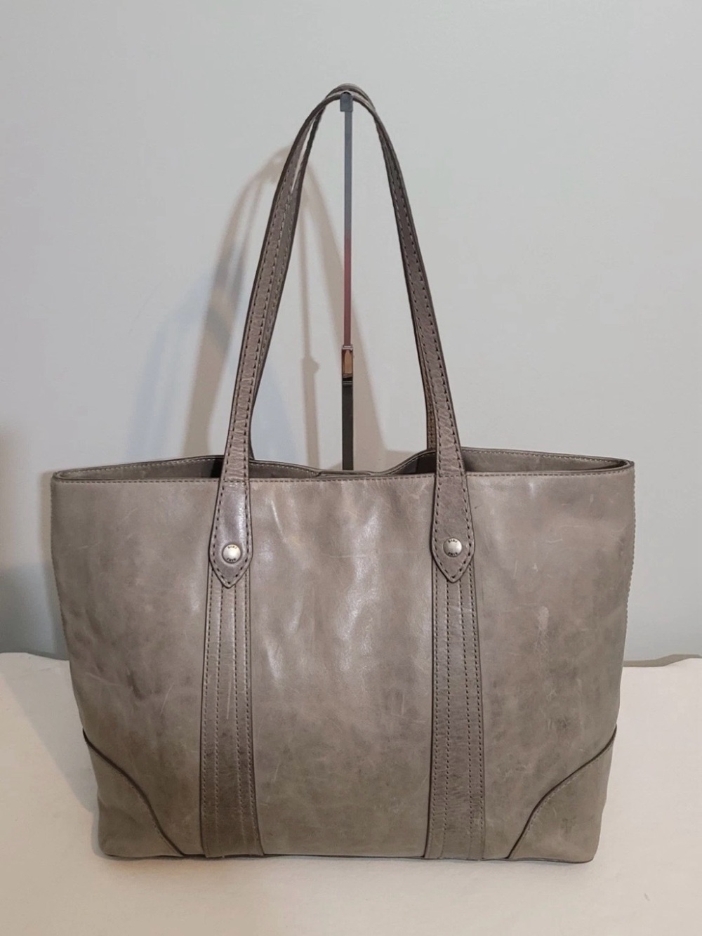 Frye Melissa Shopper Tote Bag Gray Distressed Leather Shoulder Purse